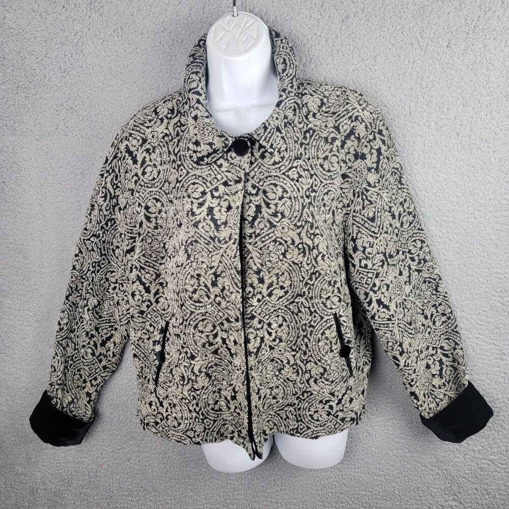 Coldwater Creek Jacket Black Cream L Textured One Button Pockets Minimalist